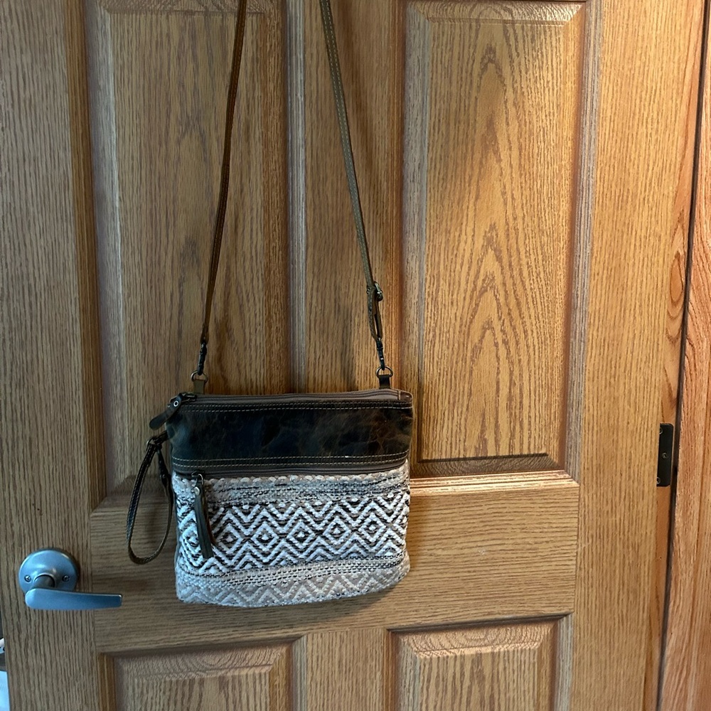 Myra Bag Distressed Cowhide Leather/Canvas Cross body EUC